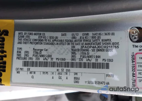 2012 Ford Fiesta S from USA, damaged, VIN 3FADP4AJ0CM218765